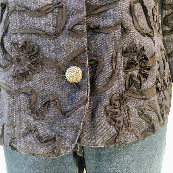 Analogy Black Trim Classic Denim Jacket Top Stitching Detail Silver Tone Buttons - Picture 8 of 16